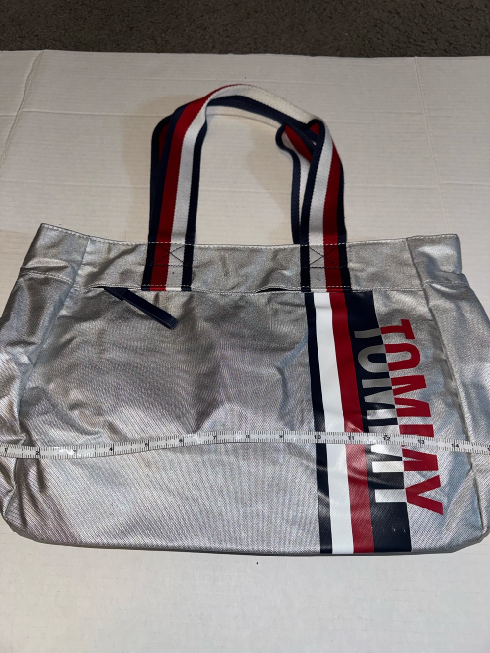 Tommy Hilfiger Metallic Silver Tote with Red, White & Navy Stripes